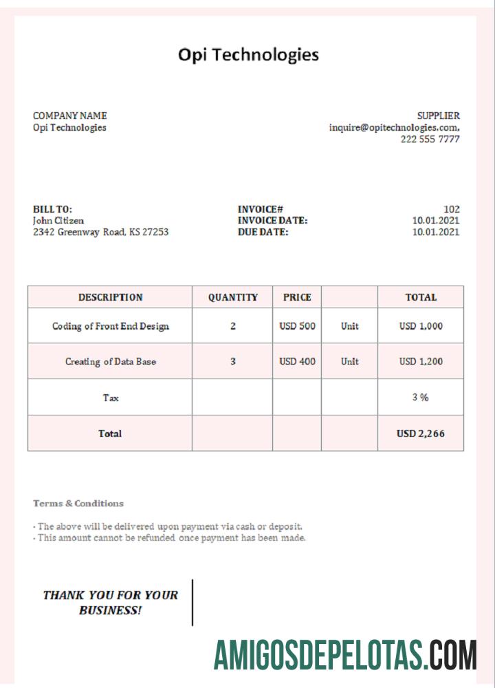 Fatura da Opi Technologies dos EUA exemplo
